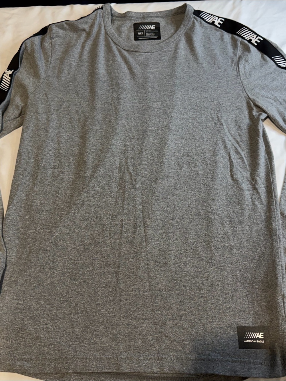 American Eagle Outfitters Gray Heather Long Sleeve Crew with Logo Shoulder Tape